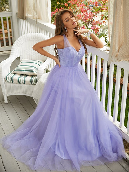 A-Line/Princess Tulle Lace Sweetheart Sleeveless Sweep/Brush Train Dresses