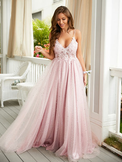 A-Line/Princess Applique V-neck Sleeveless Sweep/Brush Train Dresses