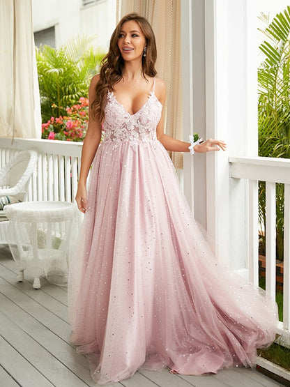 A-Line/Princess Applique V-neck Sleeveless Sweep/Brush Train Dresses