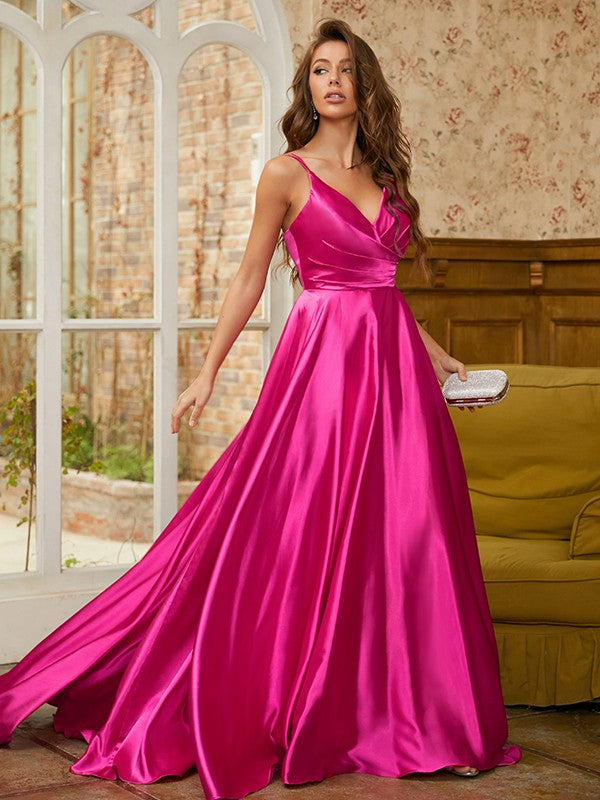 A-Line/Princess  Woven Satin Ruched V-neck Sleeveless Sweep/Brush Train Dresses