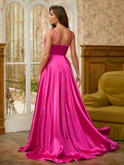 A-Line/Princess  Woven Satin Ruched V-neck Sleeveless Sweep/Brush Train Dresses