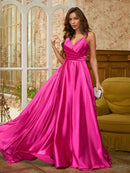 A-Line/Princess  Woven Satin Ruched V-neck Sleeveless Sweep/Brush Train Dresses