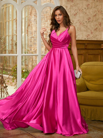 A-Line/Princess  Woven Satin Ruched V-neck Sleeveless Sweep/Brush Train Dresses