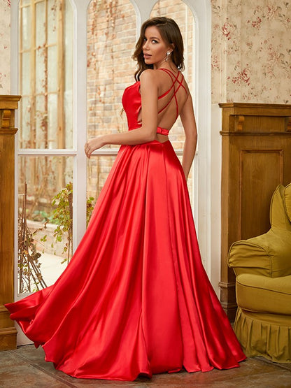 A-Line/Princess Satin Ruffles Spaghetti Straps Sleeveless Sweep/Brush Train Dresses