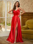 A-Line/Princess Satin Ruffles Spaghetti Straps Sleeveless Sweep/Brush Train Dresses