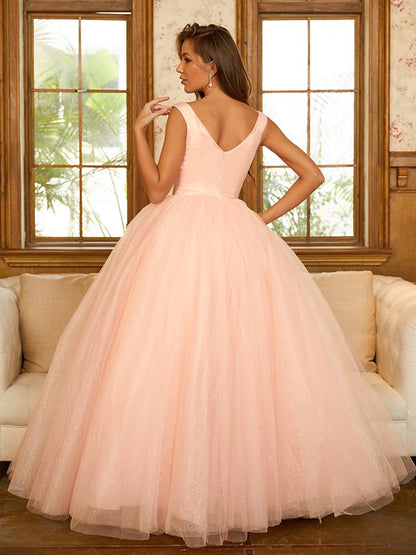 Ball Gown Tulle Ruffles V-neck Sleeveless Floor-Length Dresses