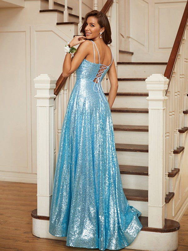 A-Line/Princess Sequins Ruffles Spaghetti Straps Sleeveless Sweep/Brush Train Dresses