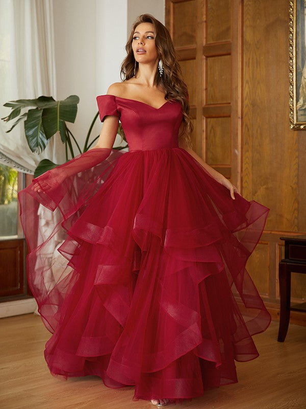 A-Line/Princess Tulle Ruffles Off-the-Shoulder Sleeveless Floor-Length Dresses