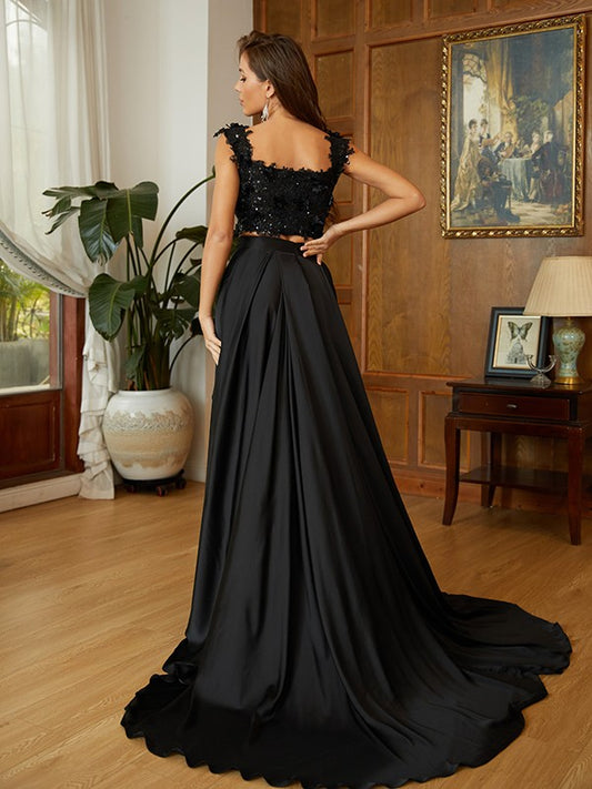 A-Line/Princess  Woven Satin Applique Off-the-Shoulder Sleeveless Sweep/Brush Train Two Piece Dresses