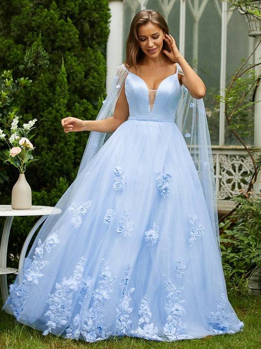 A-Line/Princess Tulle Applique V-neck Sleeveless Sweep/Brush Train Dresses