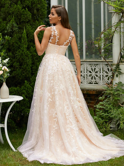 A-Line/Princess Tulle Lace V-neck Sleeveless Sweep/Brush Train Dresses