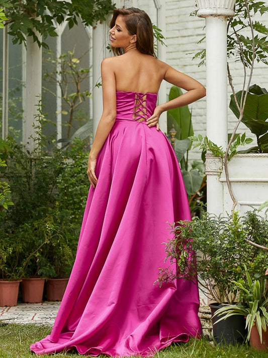 A-Line/Princess Satin Ruffles Strapless Sleeveless Sweep/Brush Train Dresses