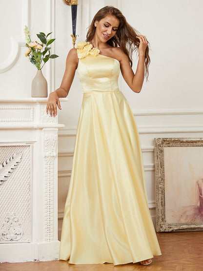 A-Line/Princess Satin Hand-Made Flower One-Shoulder Sleeveless Floor-Length Dresses