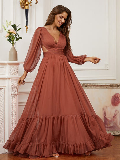 A-Line/Princess 30D Chiffon Ruffles V-neck Long Sleeves Sweep/Brush Train Dresses