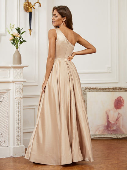 A-Line/Princess Satin Ruffles One-Shoulder Sleeveless Floor-Length Dresses