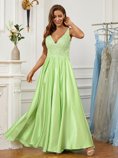 A-Line/Princess Elastic Woven Satin Lace V-neck Sleeveless Floor-Length Dresses