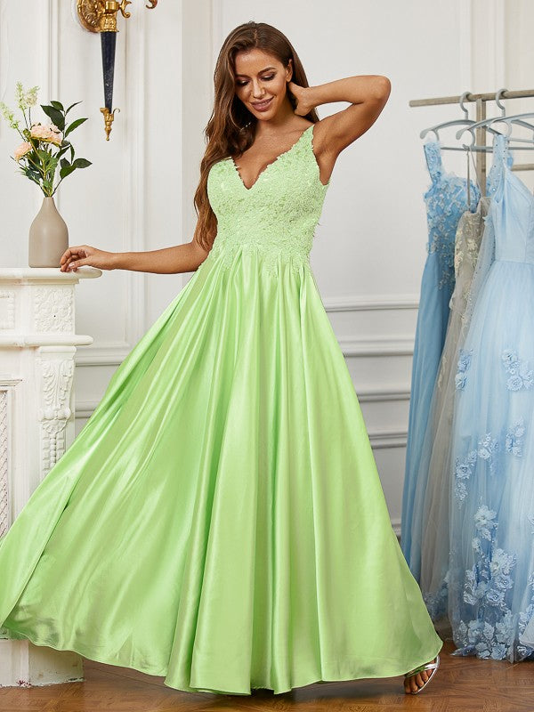 A-Line/Princess Elastic Woven Satin Lace V-neck Sleeveless Floor-Length Dresses