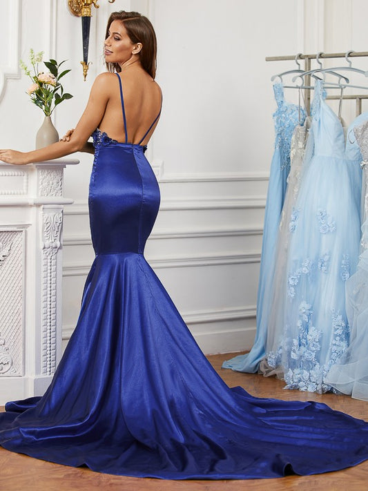 Trumpet/Mermaid  Woven Satin Applique V-neck Sleeveless Sweep/Brush Train Dresses