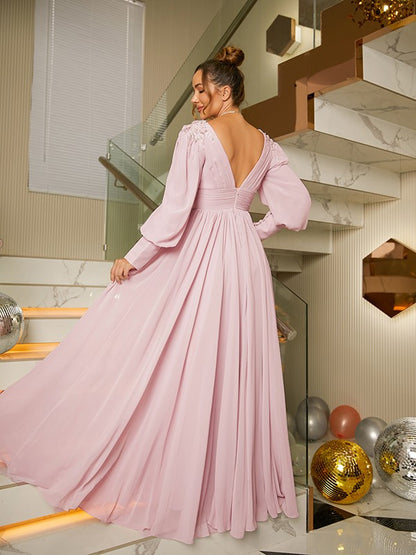 A-Line/Princess Chiffon Ruffles V-neck Long Sleeves Floor-Length Dresses