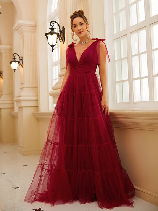 A-Line/Princess Tulle Ruffles V-neck Sleeveless Sweep/Brush Train Dresses