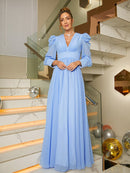 A-Line/Princess Chiffon Ruched V-neck Long Sleeves Floor-Length Dresses