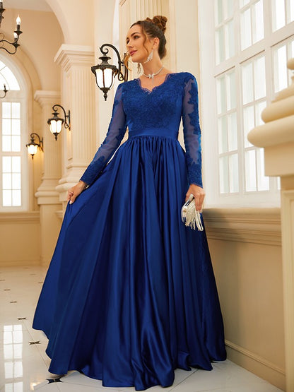 A-Line/Princess Satin Lace V-neck Long Sleeves Floor-Length Dresses