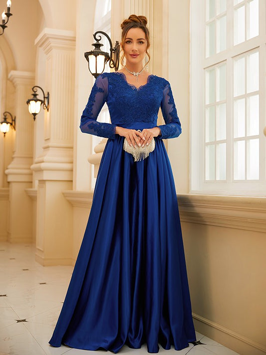 A-Line/Princess Satin Lace V-neck Long Sleeves Floor-Length Dresses