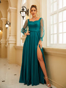 A-Line/Princess Charmeuse Ruffles Square Long Sleeves Floor-Length Dresses