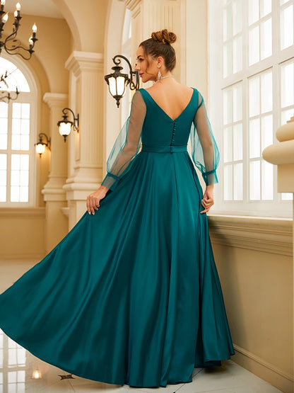 A-Line/Princess Charmeuse Ruffles Square Long Sleeves Floor-Length Dresses