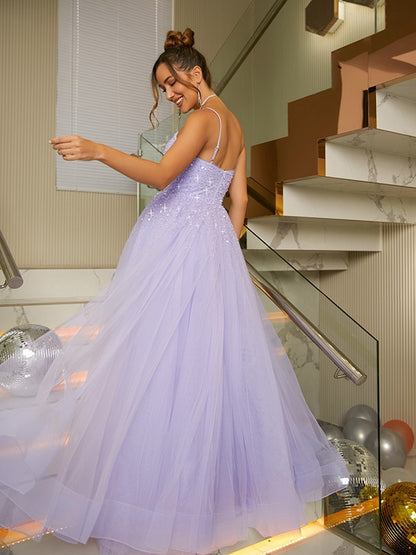 A-Line/Princess Tulle Beading Spaghetti Straps Sleeveless Floor-Length Dresses