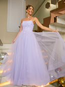 A-Line/Princess Tulle Beading Spaghetti Straps Sleeveless Floor-Length Dresses