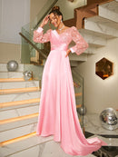 A-Line/Princess Silk like Satin Ruched V-neck Long Sleeves Sweep/Brush Train Dresses