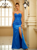 Sheath/Column Silk Like Satin Applique Halter Sleeveless Sweep/Brush Train Dresses