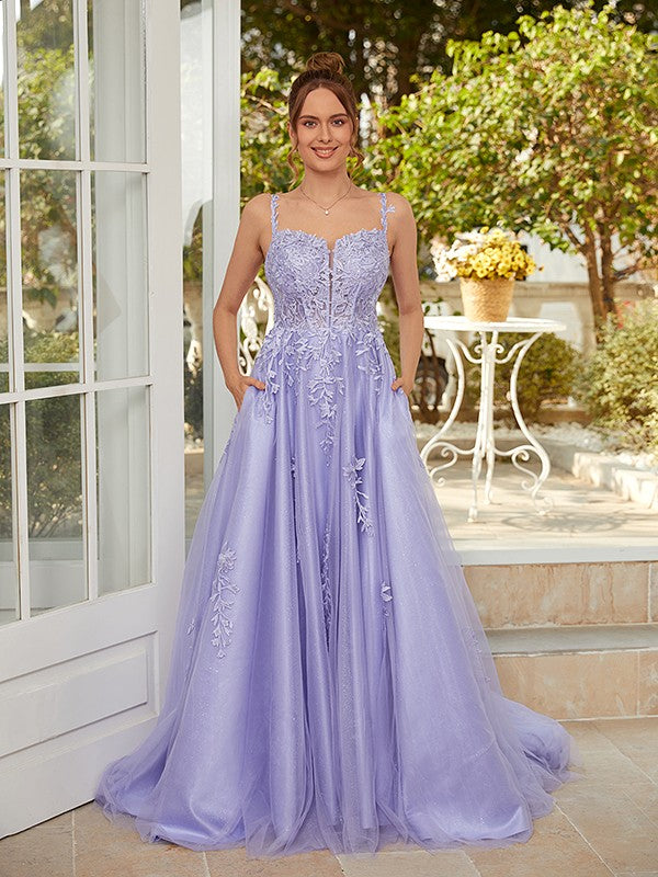 A-Line/Princess Tulle Applique Straps Sleeveless Court Train Dresses