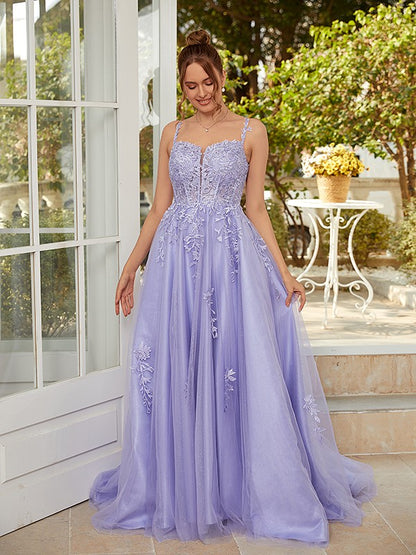 A-Line/Princess Tulle Applique Straps Sleeveless Court Train Dresses