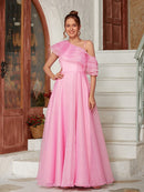 A-Line/Princess Organza Ruffles One-Shoulder Sleeveless Floor-Length Dresses