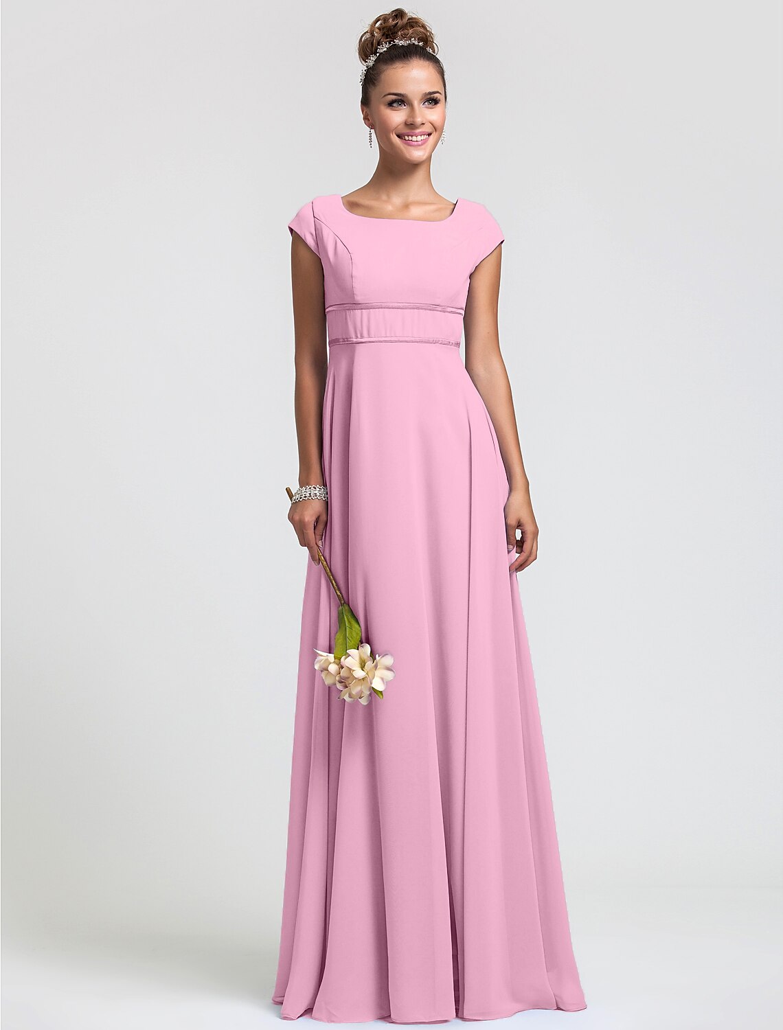 Sheath / Column Bridesmaid Dress Square Neck Short Sleeve Elegant Floor Length Chiffon with Sash / Ribbon / Pleats