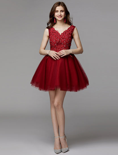 A-Line Party Dress Homecoming Graduation Short / Mini Sleeveless V Neck Lace Over Tulle with Crystals Appliques