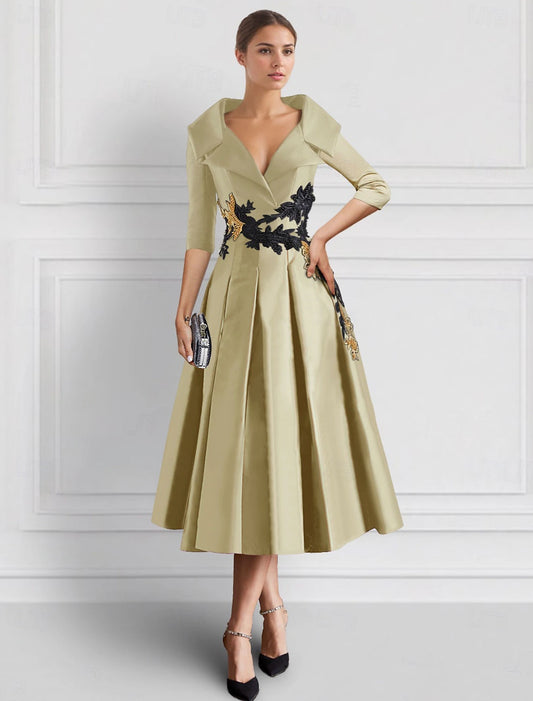 Buyishang Champagne Embroidered A-Line Cocktail Dresses Mother of Bride Elegant Formal Ankle Length 3/4 Length Sleeve Shirt Collar Pocket Satin with Appliques