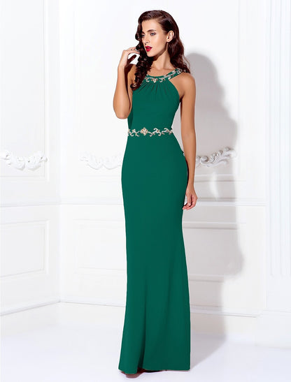 Sheath / Column Beautiful Back Dress Wedding Guest Prom Floor Length Sleeveless Halter Neck Spandex Crisscross Back with Beading