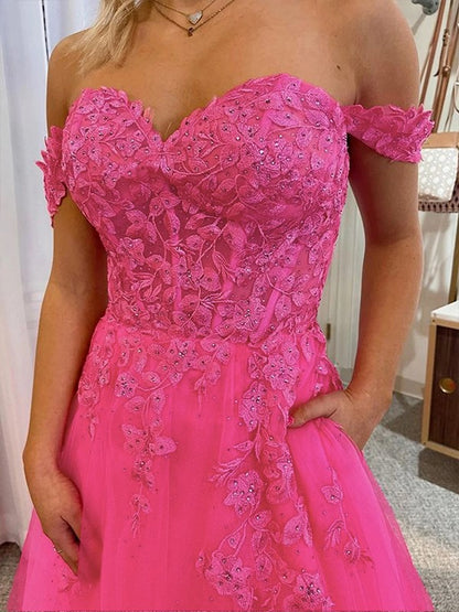 A-Line/Princess Tulle Applique Off-the-Shoulder Sleeveless Court Train Dresses