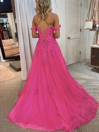 A-Line/Princess Tulle Applique Off-the-Shoulder Sleeveless Court Train Dresses