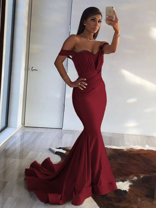 Trumpet/Mermaid Sleeveless Off-the-Shoulder Sweep/Brush Train Ruffles Spandex Dresses