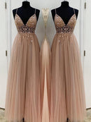 A-Line/Princess Beading Tulle Spaghetti Straps Sleeveless Floor-Length Dresses