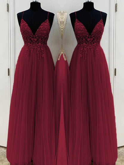 A-Line/Princess Beading Tulle Spaghetti Straps Sleeveless Floor-Length Dresses