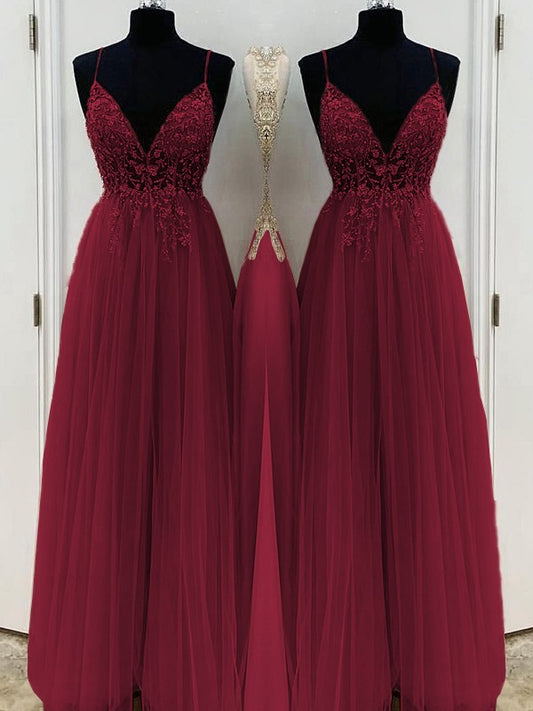 A-Line/Princess Beading Tulle Spaghetti Straps Sleeveless Floor-Length Dresses