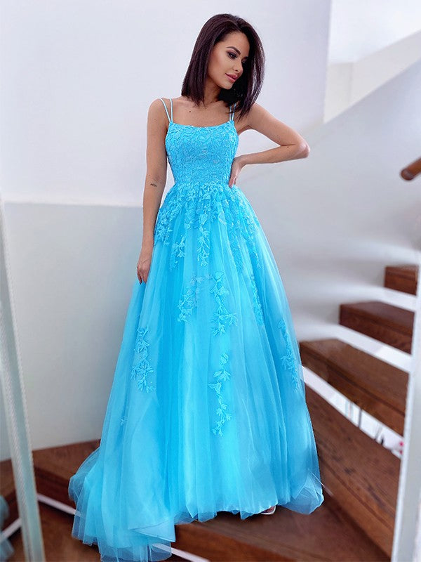 A-Line/Princess Spaghetti Straps Tulle Sleeveless Applique Sweep/Brush Train Dresses