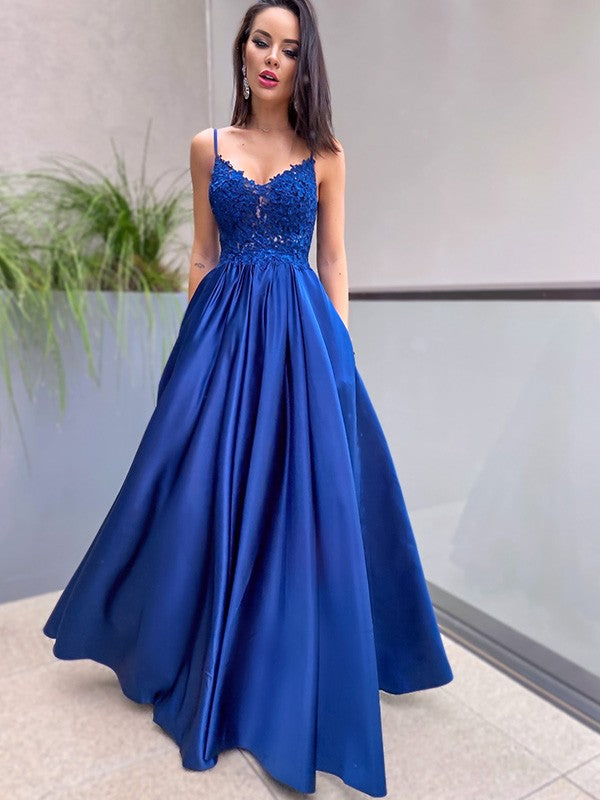 A-Line/Princess Applique Spaghetti Straps Satin Sleeveless Floor-Length Dresses