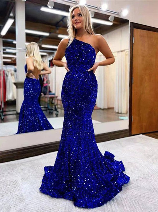 Trumpet/Mermaid Velvet Sequins Ruffles One-Shoulder Sleeveless Sweep/Brush Train Dresses