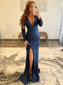 Sheath/Column Sequins V-neck Long Sleeves Sweep/Brush Train Dresses